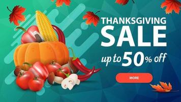 Thanksgiving sale, up to 50 off, green discount web banner with polygon texture and autumn harvest vector