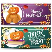 establecer pancartas horizontales de halloween. tarjetas de felicitación moradas y verdes para tus artes con hermosos iconos vector