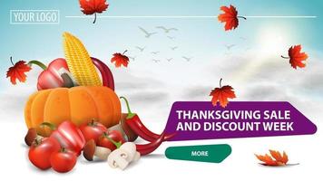 Venta de acción de gracias y semana de descuentos, banner web horizontal blanco con cosecha de otoño en las nubes vector