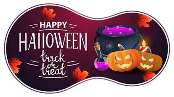 Happy Halloween, trick or treat, pink postcard with witch's cauldron and pumpkin Jack. Greeting postcard with lettering vector