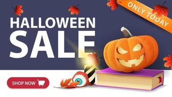 venta de halloween, banner simple con libro de hechizos y calabaza jack. vector