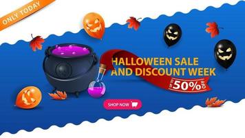 Halloween sale and discount week, up to 50 off, blue banner with witch's cauldron, Halloween balloons, autumn leafs and red ribbon with discount offer vector