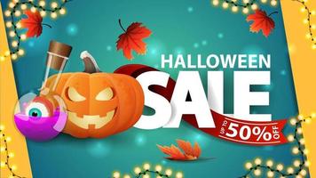 Halloween sale, up to 50 off. green discount banner with large letters with ribbon, pumpkin Jack and witch's potion vector