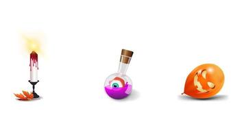 Set Halloween icon. Halloween candle, flask with potion and Halloween balloon isolated on white background for your art vector