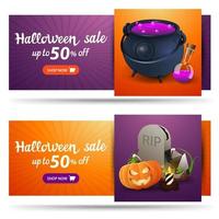 coloque pancartas de descuento de halloween, hasta 50 de descuento. Banners horizontales de descuento naranja y morado para su negocio. vector