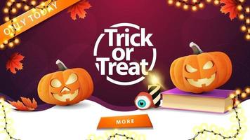 Trick or treat, horizontal purple greeting card with button, autumn leafs, garland, spell book and pumpkin Jack vector