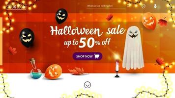 Halloween sale, up to 50 off, horizontal discount banner for homepage website with orange polygonal texture, Halloween balloons, garland, autumn leafs, ghost and poison in flask vector