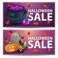 establecer banners de descuento de halloween. Banners de descuento rosa y morado para su negocio. vector