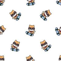 Cute shiba inu dog playing skateboard cartoon seamless pattern, vector illustration