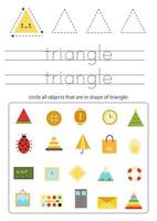 Learning basic geometric form for children. Find triangle objects. vector