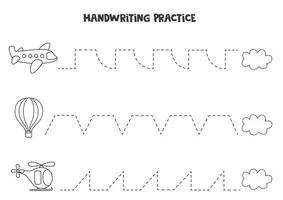 Tracing lines with black and white air transport. Writing practice. vector