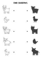 Encuentra las sombras correctas de animales de granja en blanco y negro. rompecabezas lógico para niños. vector