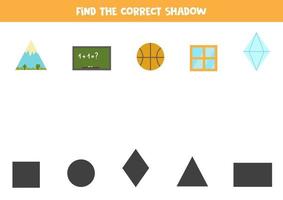 encontrar las sombras correctas de los objetos geométricos. rompecabezas lógico para niños. vector