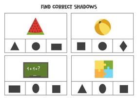 Find correct shadow of objects. Printable clip card games for children. vector