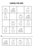 Sudoku game for kids with cute black and white cute fruits. vector