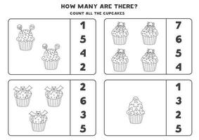 Counting game with Halloween cupcakes. Math worksheet. vector