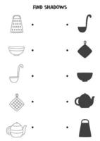 Encuentra las sombras correctas de los utensilios de cocina en blanco y negro. rompecabezas lógico para niños. vector