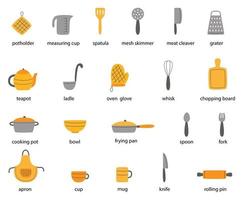 juego de utensilios de cocina con nombres. ilustraciones vectoriales. vector