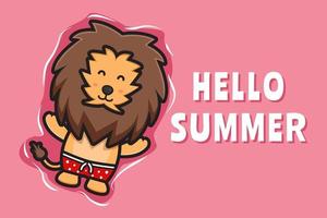 lindo león flotante se relaja con una ilustración de icono de vector de dibujos animados de banner de saludo de verano
