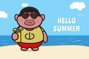 Cute fat boy holding orange juice with a summer greeting banner cartoon vector icon illustration
