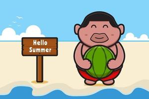 Cute fat boy holding watermelon with a summer greeting banner cartoon vector icon illustration