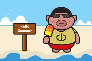 Cute fat boy holding ice cream with a summer greeting banner cartoon vector icon illustration