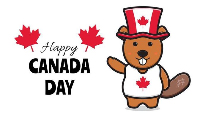 Cute beaver character celebrated Canada Day cartoon vector icon illustration