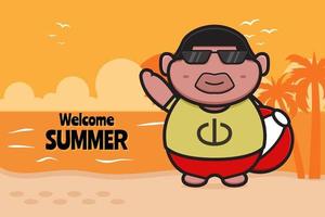 Cute fat boy holding ball with a summer greeting banner cartoon vector icon illustration