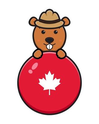 Cute beaver character celebrated Canada Day cartoon vector icon illustration