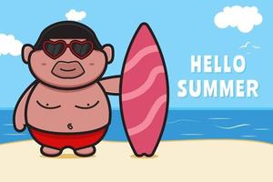 Cute fat boy holding swimming board with a summer greeting banner cartoon vector icon illustration