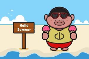 Cute fat boy holding ice cream with a summer greeting banner cartoon vector icon illustration