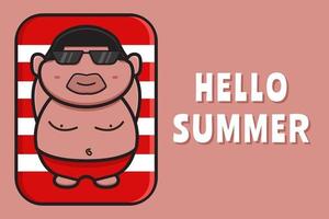 Cute fat boy relaxes with a summer greeting banner cartoon vector icon illustration