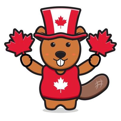 Cute beaver character celebrated Canada Day cartoon vector icon illustration