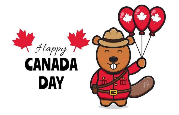 Cute beaver character celebrated Canada Day cartoon vector icon illustration