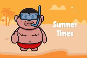 Cute fat boy wearing swimming goggles with good pose with a summer greeting banner cartoon vector icon illustration