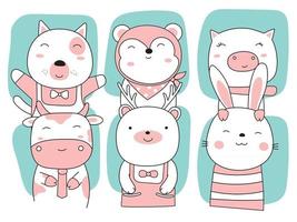 Cartoon sketch the cute animals. Hand drawn style. vector