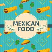 etiqueta de banner cuadrada plana sobre el tema de la comida mexicana un nombre de inscripción grande en el centro en el fondo hay tortillas verticales, cheetos y burritos vector