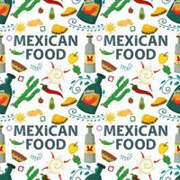 Flat endless seamless pattern on the theme of Mexican food drink tequila cacti and taco tortilla on a white background vector