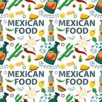 Flat endless seamless pattern on the theme of Mexican food drink tequila cacti and taco tortilla on a white background vector