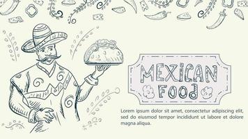 Illustration a sketch made in the style of a doodle hand drawn for a design on the theme of Mexican national food a Mexican man in national clothes holds a taco dish on a tray vector