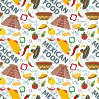 Flat endless seamless pattern on the theme of Mexican food pyramid of Indians sauce and red chili pepper on a white background vector