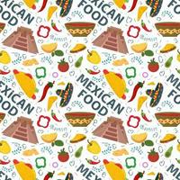 Flat endless seamless pattern on the theme of Mexican food pyramid of Indians sauce and red chili pepper on a white background vector