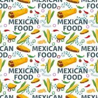 Plano de patrones sin fisuras sin fin sobre el tema de la comida mexicana maíz maíz y tortillas taco cheetos sobre un fondo blanco. vector