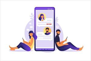 Online dating and social networking, virtual relationships concept. Male and female chatting on the Internet. Dating app and virtual relationship. Vector illustration