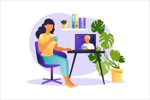 Woman sitting at laptop and using website for dating or searching for love. Virtual relationships and online dating and social networking concept. Vector illustration.