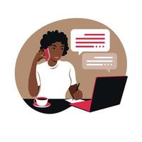 African woman works on a laptop computer and talks on the phone sitting at a table at home with a Cup of coffee and papers. Vector illustration. Flat.