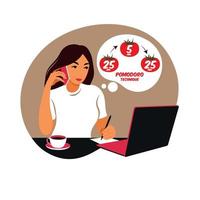 Girl manager working with computer using time management. Pomodoro technique concept. Vector. Flat. vector