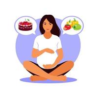 Pregnant woman chooses between healthy food or fast food. Vector flat illustration