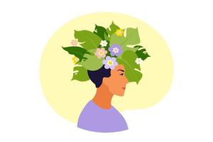 salud mental, felicidad, concepto de armonía. cabeza de hombre feliz con flores en el interior. Mindfulness, pensamiento positivo, idea de autocuidado. ilustración vectorial. Departamento. vector