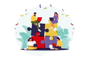 Business team putting together puzzle. Cartoon partners working in connection. Symbol of teamwork, cooperation, partnership. Flat vector illustration.